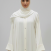 Button Front Abaya with Matching Hijab – Off White | Premium Nida Georgette