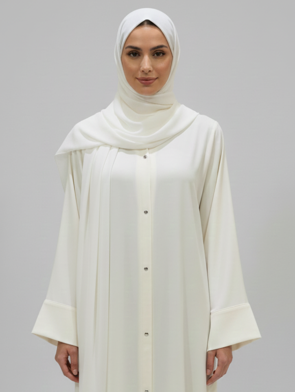 Button Front Abaya with Matching Hijab – Off White | Premium Nida Georgette